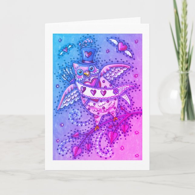 CARTES POUR FÊTES ANNUELLES HOOTS BLANCS N' COEURS CUPID OWL VALENTINE (Devant)