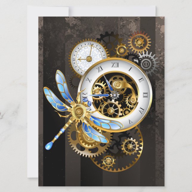 Cartes Pour Fêtes Annuelles Horloge à vapeur avec libellule mécanique (Devant)