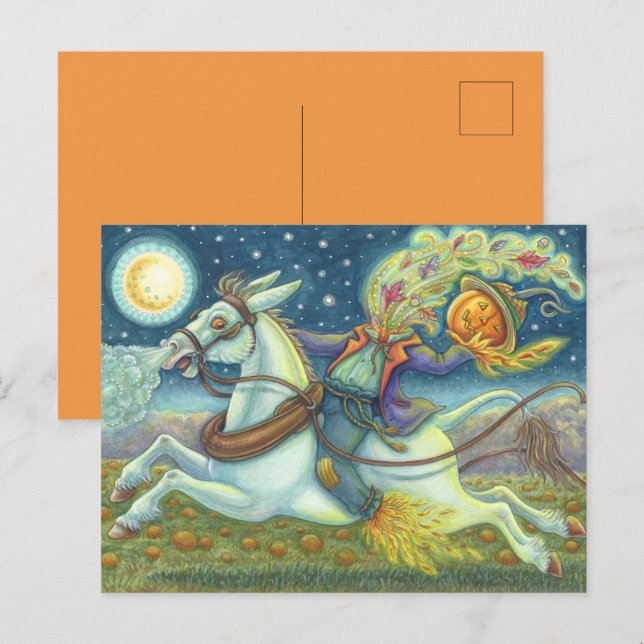 CARTES POUR FÊTES ANNUELLES HORSEMAN SCARECROW SANS TÊTE SUR MULE BLANCHE (Devant / Derrière)