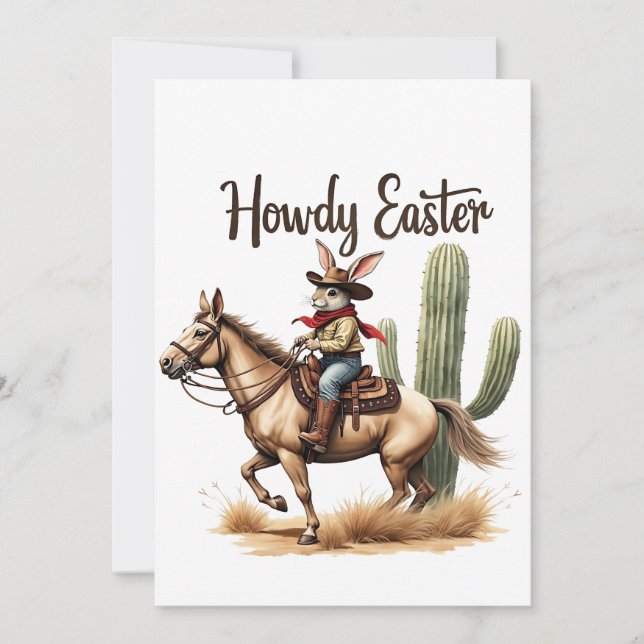 Cartes Pour Fêtes Annuelles Howdy Bunny de Pâques chevauchant un Cheval Cowboy (Devant)