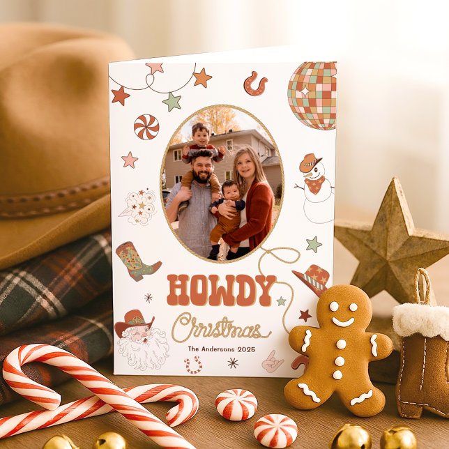Cartes Pour Fêtes Annuelles Howdy Retro Western Family Photo Noël (Créateur téléchargé)