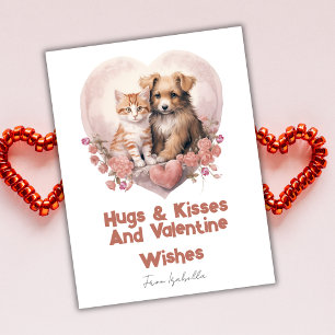 Cartes Pour Fêtes Annuelles Hugs et baisers Chat Chien Valentines Pink Card