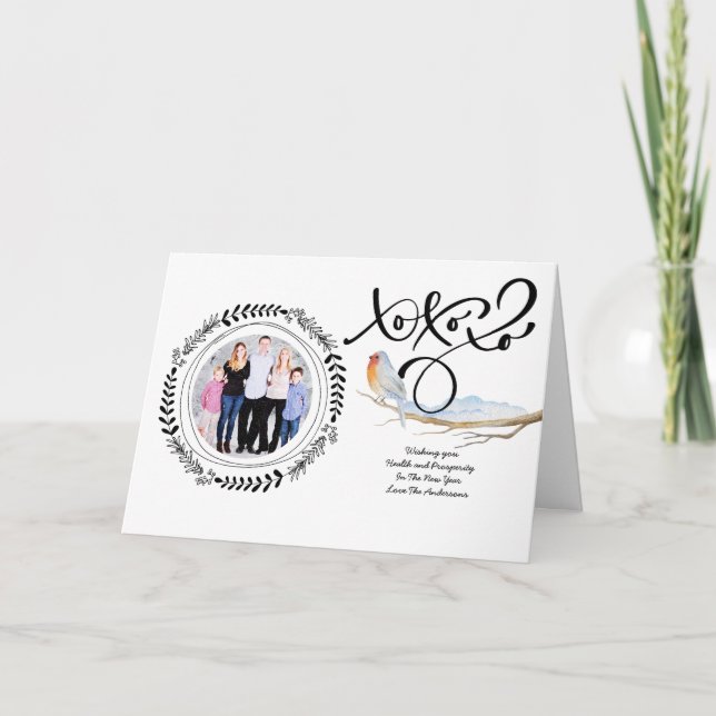 Cartes Pour Fêtes Annuelles HUGS n KISSES PHOTO Xmas Card Robin moderne (Devant)