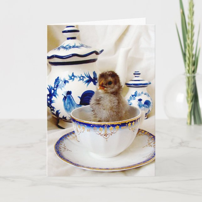 Cartes Pour Fêtes Annuelles Huile Paint Effet Chick and Tea Cup, Pâques (Devant)
