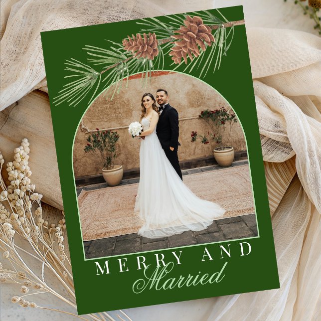 Cartes Pour Fêtes Annuelles Hunter Green Pine Merry & Married Photo Christmas (Créateur téléchargé)
