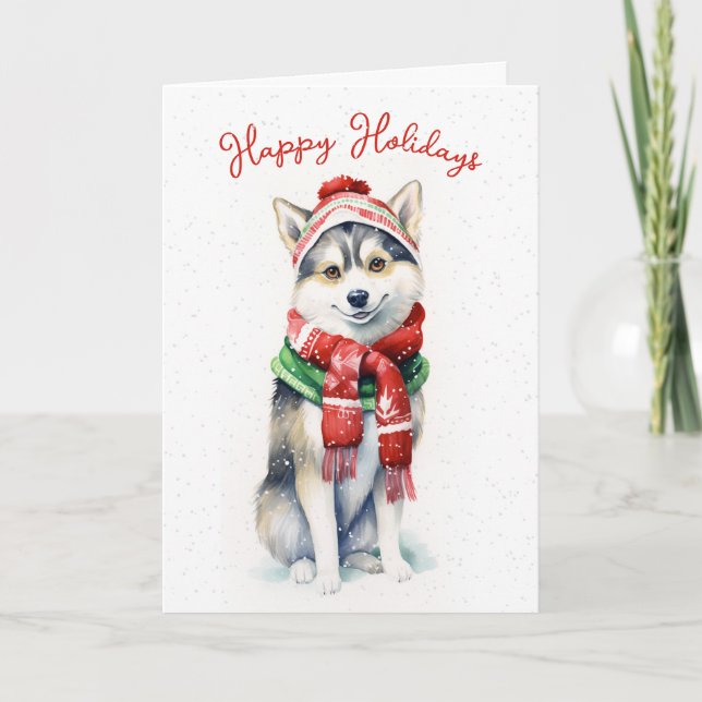 Cartes Pour Fêtes Annuelles Husky sibérien de Noël dans des flocons de neige (Devant)