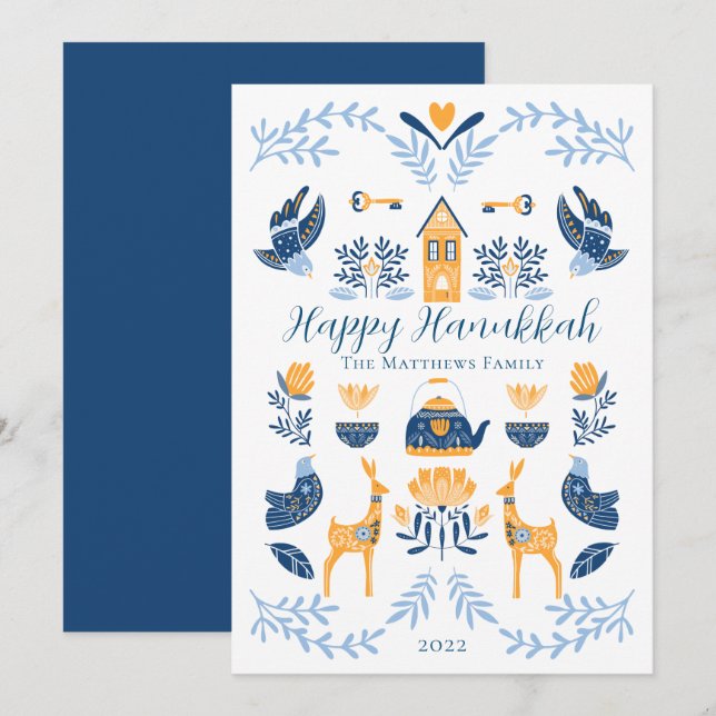 Cartes Pour Fêtes Annuelles Hygge Bleu | Jaune Unique Joyeux Hanukkah (Devant / Derrière)