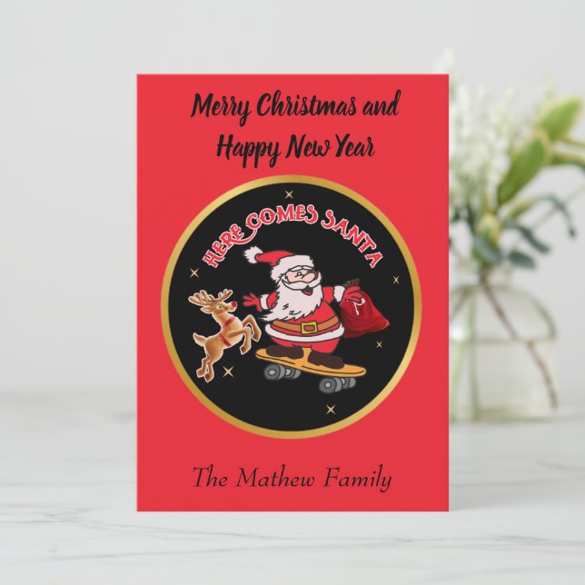 CARTES POUR FÊTES ANNUELLES ICI VIENT PÈRE NOËL SUR SKATEBOARD NOËS (Debout devant)