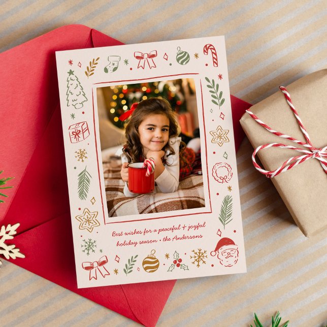 Cartes Pour Fêtes Annuelles Icônes de Noël mignonnes en blanc dessinées à la m (cute whimsical Christmas photo card with hand-drawn icons)