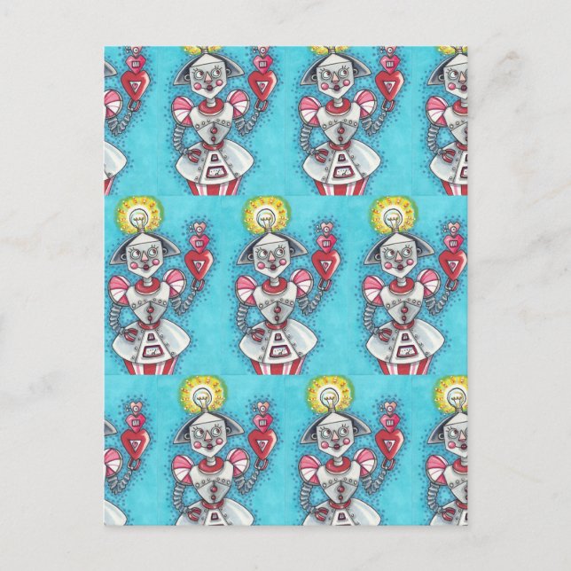 CARTES POUR FÊTES ANNUELLES IDÉE CLAIRE ROBOT DE FILLE, COEURS MÉCANIQUES COLO (Devant)