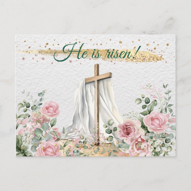Cartes Pour Fêtes Annuelles Il Est Ressuscité Aquarelle Rose Eucalyptus Christ (Devant)