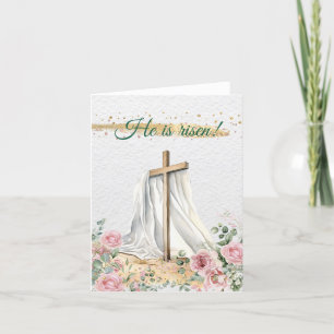 Cartes Pour Fêtes Annuelles Il est ressuscité Christian Aquarelle Rose Eucalyp
