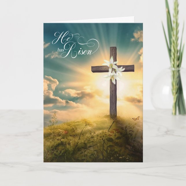 Cartes Pour Fêtes Annuelles Il est ressuscité Croix chrétienne et Lilies Pâque (Devant)