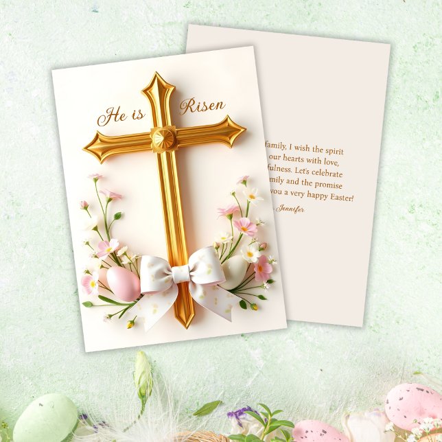 Cartes Pour Fêtes Annuelles Il Est Ressuscité Croix Chrétienne Religieux Pâque (Elegant "He Is Risen" Easter Greeting Card – Christian Religious Flat Holiday Card)