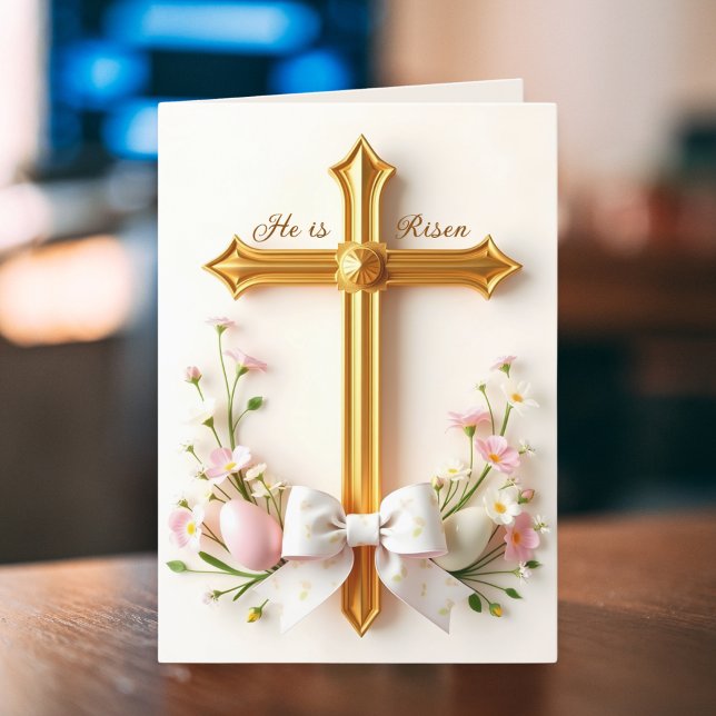 Cartes Pour Fêtes Annuelles Il est ressuscité Fleurs Croix catholique religieu (He Is Risen Floral Catholic Cross Religious Easter Holiday Card)