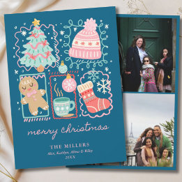 Cartes Pour Fêtes Annuelles Illustrated Doodle Blue Xmas Gingerbread 3 Photo
