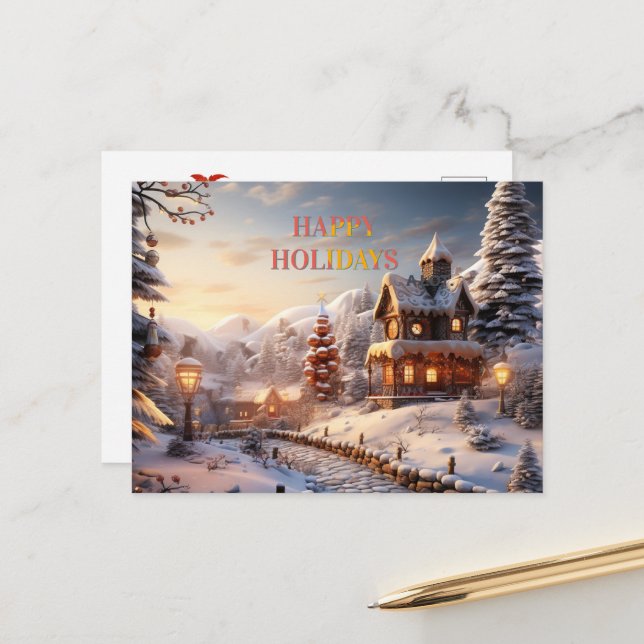 Cartes Pour Fêtes Annuelles Illustration Cosy Village à Noël (Devant/Arrière en situation)