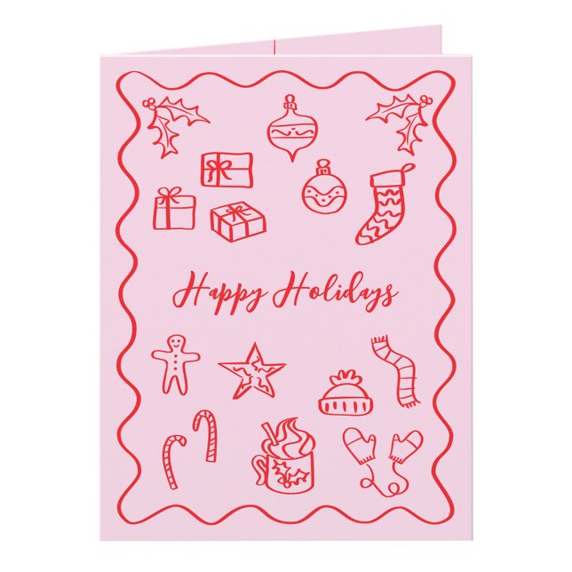 Cartes Pour Fêtes Annuelles Illustration de gribouillage moderne rose et rouge (Pink and red hand drawn doodle custom text personalized folded Christmas holiday card)