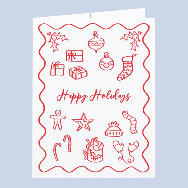 Cartes Pour Fêtes Annuelles Illustration de gribouillage moderne rouge et blan (Fun hand drawn scribble doodle red and white personalized custom text Christmas holiday card)