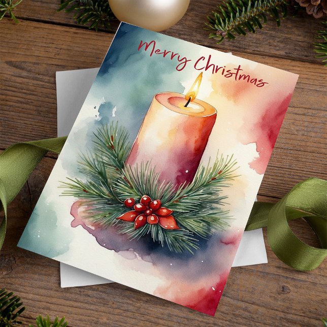 Cartes Pour Fêtes Annuelles Illustration de la bougie de Noël de l'aquarelle (Créateur téléchargé)