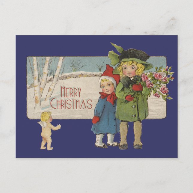 Cartes Pour Fêtes Annuelles Illustration de Noël Antique Enfants 1920 (Devant)