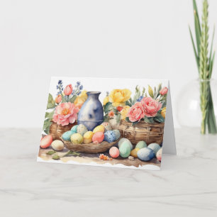 Cartes Pour Fêtes Annuelles Illustration de Pâques à l'aquarelle avec fleurs,