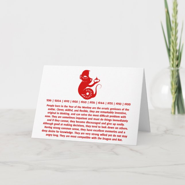 CARTES POUR FÊTES ANNUELLES ILLUSTRATION DE SINGE DÉCOUPÉ EN PAPIER DU ZODIAQU (Devant)
