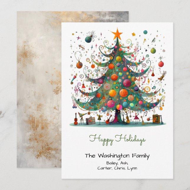 Cartes Pour Fêtes Annuelles Illustration excentrique de l'arbre de Noël (Devant / Derrière)