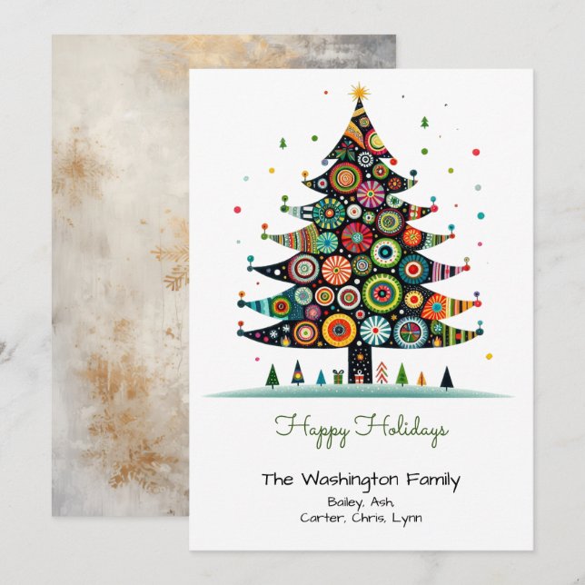 Cartes Pour Fêtes Annuelles Illustration fantasque de l'arbre de Noël heureux (Devant / Derrière)