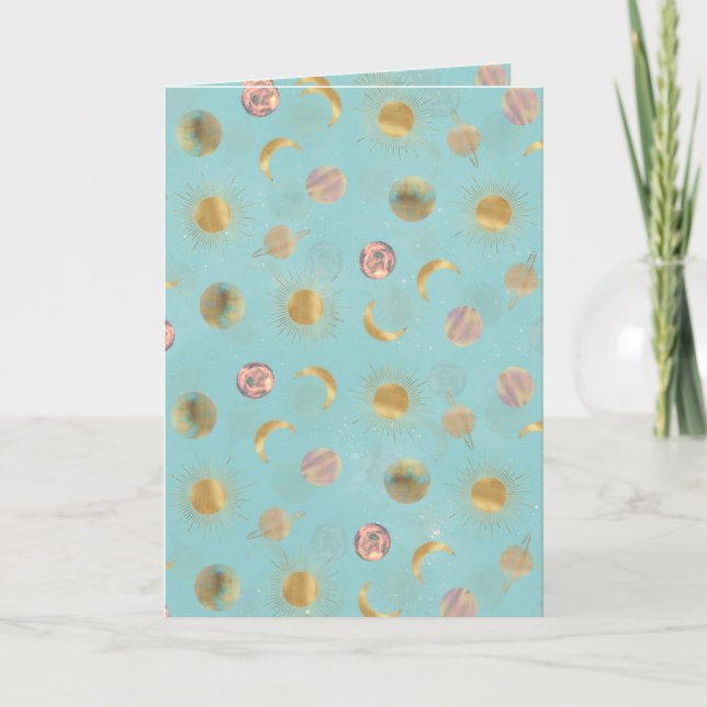 Cartes Pour Fêtes Annuelles Illustration Gold Sun Moon Planètes Space Blue (Devant)