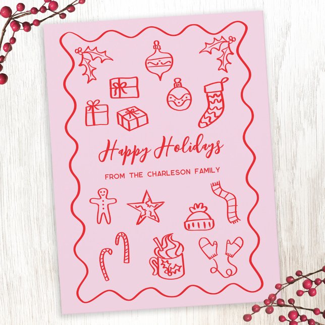 Cartes Pour Fêtes Annuelles Illustration moderne Scribble Doodle rose et rouge (Fun pink and red hand drawn doodle personalized name Christmas holiday postcard)