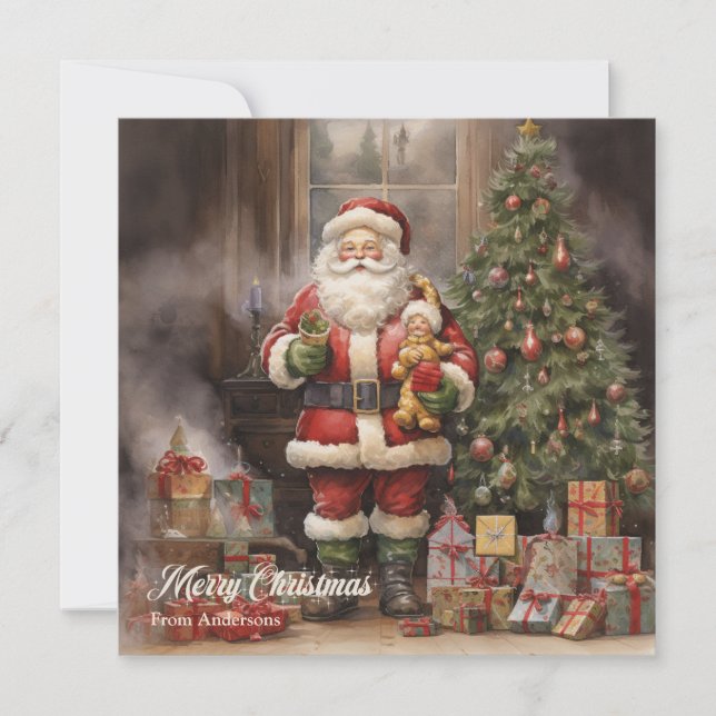 Cartes Pour Fêtes Annuelles Illustration rétro Père Noël et arbre de Noël (Devant)