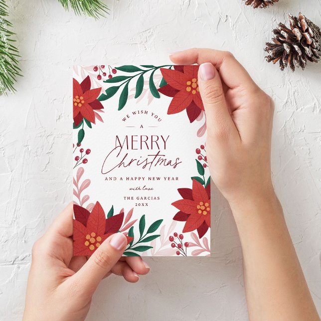 Cartes Pour Fêtes Annuelles Illustrations de fleurs rouges Joyeux voeux de Noë (festive and elegant poinsettia Christmas greeting card)