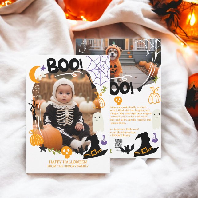 Cartes Pour Fêtes Annuelles Illustrations d'Halloween éffrayant mignon Boo 2 p (Spooky Halloween illustrations cute Boo 2 photos Holiday Card)