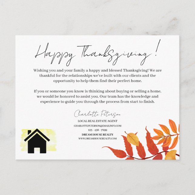 Cartes Pour Fêtes Annuelles Immobilier Realtor Thanksgiving Marketing (Devant)