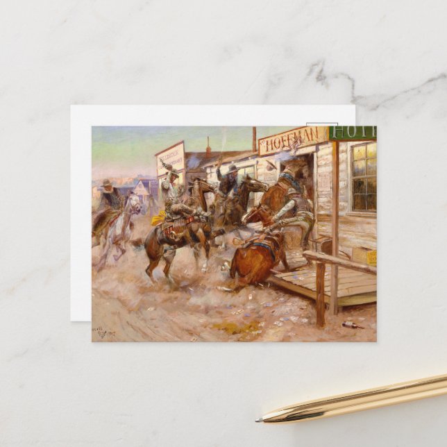 Cartes Pour Fêtes Annuelles In Without Knoking par Charles Marion Russell (Devant/Arrière en situation)