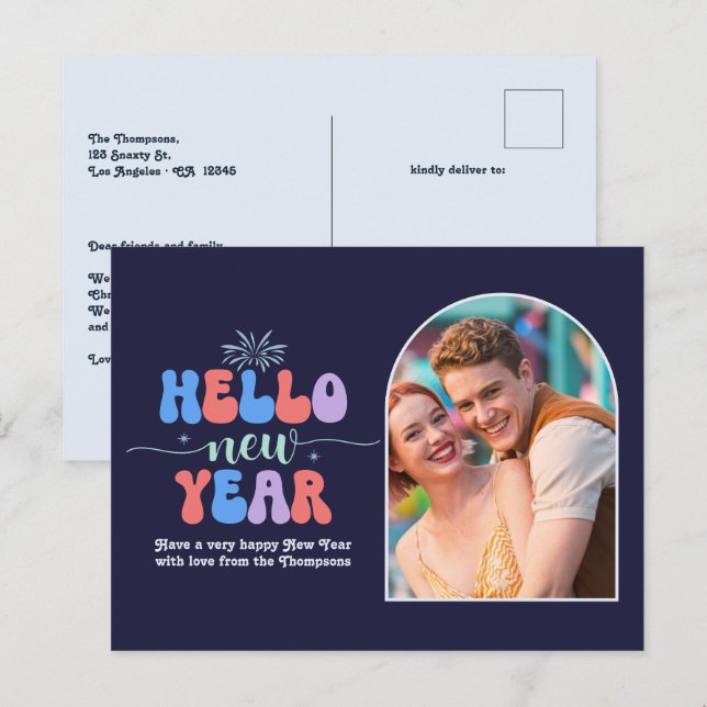 Cartes Pour Fêtes Annuelles Indigo Gleam New Year Retro Modern Blue Photo (Devant / Derrière)