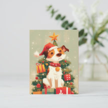 Jack Russell Terrier avec sapin de Noël et cadeaux