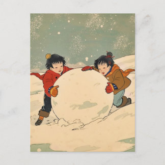 Cartes Pour Fêtes Annuelles Japanese children rolling big snow ball