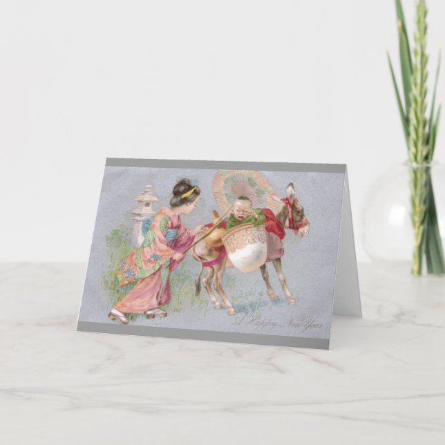 Cartes Pour Fêtes Annuelles Japonais Shogatsu Nouvel An bébé sur Mule (Devant)