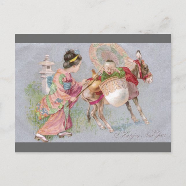 Cartes Pour Fêtes Annuelles Japonais Shogatsu Nouvel An bébé sur Mule (Devant)
