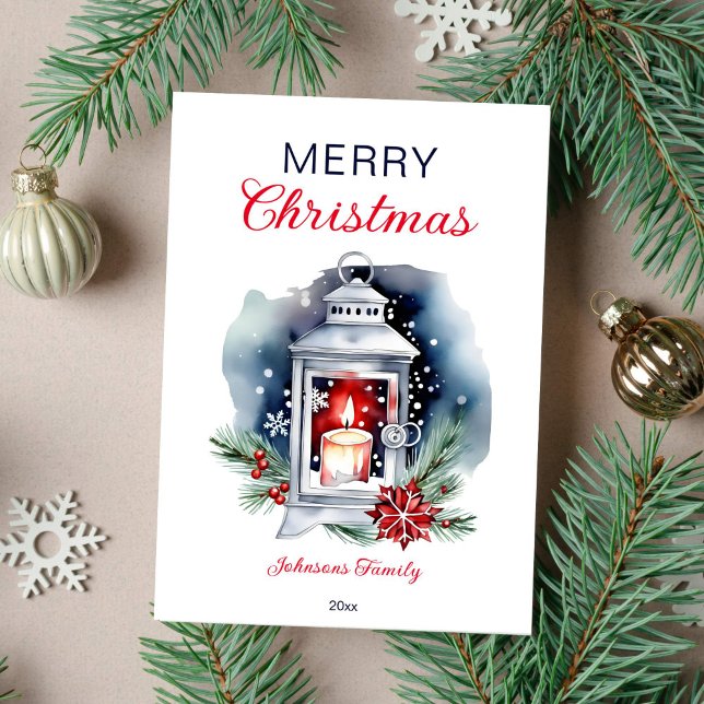Cartes Pour Fêtes Annuelles Jardin de Noël (Christmas greeting card modern watercolor template digital download lantern with candle poinsettia)