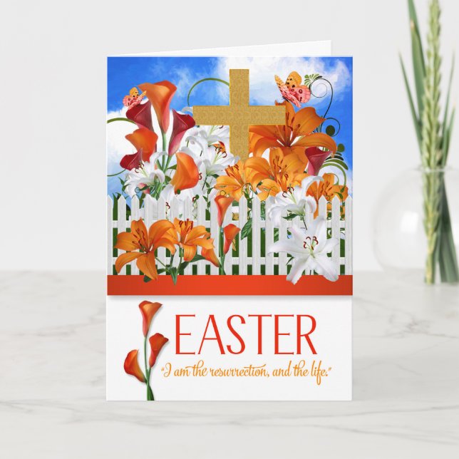 Cartes Pour Fêtes Annuelles Jardin Lily avec Croix d'or Écriture Pâques (Devant)