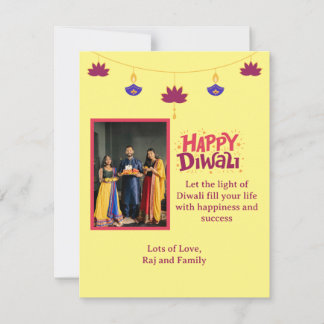 Cartes Pour Fêtes Annuelles Jaune Diwali heureux avec photo de famille
