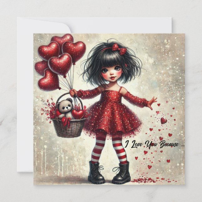 Cartes Pour Fêtes Annuelles Je t'aime parce que petite fille cœurs pailletés r (Devant)
