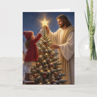 Cartes Pour Fêtes Annuelles Jésus aide une petite fille à décorer l'arbre de N