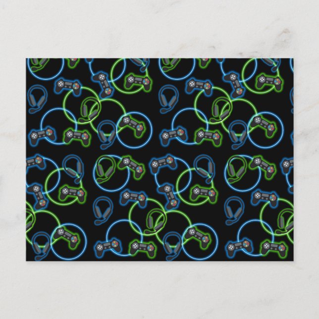 Cartes Pour Fêtes Annuelles Jeu vidéo Neon Blue & Green Motif (Devant)