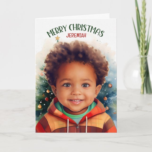 Cartes Pour Fêtes Annuelles Jeune Africain Américain garçon avec nom Noël (Devant)