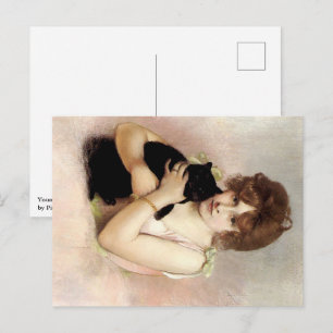 Cartes Pour Fêtes Annuelles Jeune femme tenant un chat noir, peinture de balle