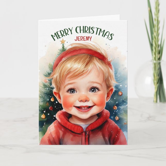 Cartes Pour Fêtes Annuelles Jeune garçon blond avec nom Noël (Devant)